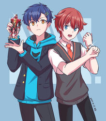  2boys asanaka_yomogi black_pants blue_eyes blue_hair blue_hoodie blue_jacket brown_eyes chinese_commentary collared_shirt dyna_soldier grey_vest gridman_universe hair_ornament hairclip hibiki_yuuta holding holding_toy hood hoodie jacket male_focus multiple_boys necktie open_hand orange_necktie pants red_hair shirt ssss.dynazenon ssss.gridman tenten_(kitty) toy v-shaped_eyebrows vest white_shirt 