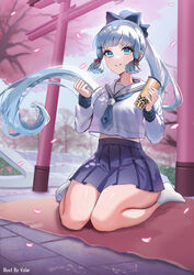  absurdres blue_eyes blue_hair blue_skirt breasts bubble_tea commentary_request cup disposable_cup falling_petals female floating_hair full_body genshin_impact hands_up high_ponytail highres holding holding_cup holding_straw kamisato_ayaka kamisato_ayaka_(heytea) light_blue_hair midriff_peek mole mole_under_eye official_alternate_costume outdoors parted_lips petals pleated_skirt ponytail sailor_collar school_uniform serafuku shirt sitting skirt socks solo stone_floor thighs torii volar_uwu wariza white_shirt white_socks 