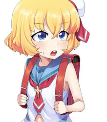  backpack bag blonde_hair blue_eyes blue_sailor_collar blush commentary_request cross crossed_bangs female flat_chest fuka_(kantoku) hat highres jashin-chan_dropkick lierre looking_at_viewer love_is_blind_(quzilax) mini_hat navel neckerchief open_mouth parody randoseru red_bag red_neckerchief round_teeth sailor_collar sailor_hat shirt short_hair simple_background sleeveless sleeveless_shirt solo teeth upper_body white_background white_shirt 