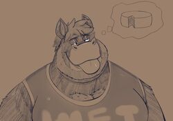  2021 anthro asinus bust_portrait cheese clothing dairy_products dippubear donkey equid equine food hi_res male mammal overweight overweight_male portrait shirt simple_background solo tongue tongue_out topwear 