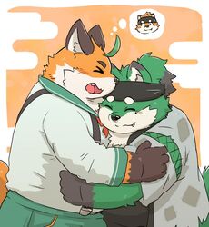  anthro bandana canid canine canis domestic_dog duo fox fur green_body green_fur hug iyo_(tamacolle) kerchief kotadash male male/male mammal orange_body orange_fur shinosuke smile tamacolle 