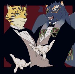  anthro black_body black_fur bow_tie clothing duo felid formal_wear fur gloves handwear hi_res izm_rm7 leopard lifewonders male mammal markings melanistic ose_(tas) pantherine reaching_towards_viewer smile spots spotted_body spotted_fur suit tezcatlipoca_(tas) tokyo_afterschool_summoners wings 