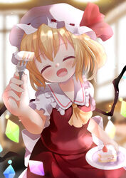  ascot blonde_hair blurry blurry_background blush breasts cake closed_eyes collarbone cowboy_shot facing_viewer female flandre_scarlet food fork frilled_shirt_collar frills fruit hat hat_ribbon head_tilt holding holding_fork holding_plate medium_hair mob_cap oerba_yun_fang open_mouth plate red_ribbon red_skirt red_vest ribbon ribbon-trimmed_headwear ribbon_trim shirt skirt skirt_set small_breasts solo strawberry strawberry_shortcake touhou umi_suzume vest white_hat white_shirt wings yellow_ascot 