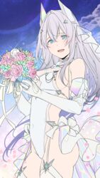  bad_id bad_pixiv_id bare_shoulders blue_eyes blue_flower bouquet breasts dore_(gilles_dore) elbow_gloves female flower garter_straps gloves grey_hair groin hair_between_eyes headgear highres holding holding_bouquet leotard long_hair looking_at_viewer medium_breasts open_mouth original pink_flower pink_rose rose see-through sideboob solo standing thighhighs very_long_hair white_gloves white_leotard white_thighhighs 