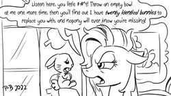  16:9 angel_(mlp) angry bold_text command command_to_listen conditional conditional_threat dialogue duo english_text equid equine female fluttershy_(mlp) friendship_is_magic hair hasbro holding_character lagomorph leporid male mammal messy_hair monochrome my_little_pony number_word pony-berserker profanity rabbit species_in_dialogue species_name_variant speech_bubble talking_to_another text text_emphasis threatening widescreen 