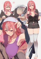  &gt;_&lt; 1boy absurdres armpits ass_visible_through_thighs azur_lane bald black_jacket black_nails black_shorts blush breast_rest breasts bremerton_(azur_lane) bremerton_(relaxation_consultation)_(azur_lane) cleavage clothing_cutout collarbone colored_inner_hair commentary cup ear_piercing female fingernails grey_hair hair_down hayato_rikin highres huge_breasts jacket jacket_over_head long_hair looking_at_viewer lying mole mole_on_breast mole_under_eye multicolored_hair multiple_views nail_art nail_polish navel navel_cutout navel_piercing off_shoulder official_alternate_costume official_alternate_hairstyle on_side open_mouth panties piercing pink_eyes pink_nails purple_panties purple_tank_top red_hair shorts smile solo_focus standing stomach streaked_hair tank_top thighhighs toeless_legwear toes two-tone_hair underwear white_background white_nails white_thighhighs 