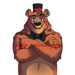  1:1 2022 alpha_channel anthro bear bearnard_(wolf_love) black_bow_tie blue_eyes bodypaint bow_tie clothing digital_media_(artwork) face_paint five_nights_at_freddy&#039;s five_nights_at_freddy&#039;s_2 grin hands_crossed hat headgear headwear hi_res lgbt_pride male mammal muscular neck_tuft riley_morningstar scottgames slightly_chubby smile solo top_hat toy_freddy_(fnaf) tuft ursine 