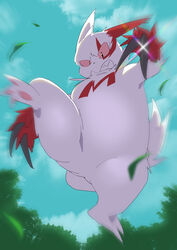  anthro belly claws fur generation_3_pokemon glare_(lighting) glint konbu motion_blur nintendo pawpads pink_eyes pokemon pokemon_(species) slashing slightly_chubby solo white_body white_fur zangoose 