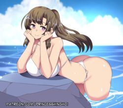  :&gt; ass bikini breasts brown_hair cleavage closed_mouth commentary female halterneck highres hinghoi long_hair mature_female o-ring o-ring_bikini o-ring_bottom ocean oosuki_mamako outdoors partially_submerged ponytail purple_eyes rock smile solo swimsuit thong thong_bikini tsuujou_kougeki_ga_zentai_kougeki_de_ni-kai_kougeki_no_okaasan_wa_suki_desu_ka? water white_bikini 