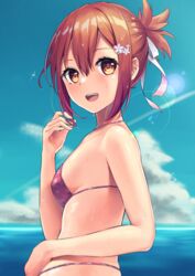  :d bikini blue_background blue_sky breasts brown_eyes cloud commentary_request contrail day dripping female flower from_side hair_between_eyes hair_ornament hair_ribbon hairclip hand_up happy highres horizon lens_flare looking_at_viewer looking_to_the_side nazuna_(nazuna_a2) nogi_wakaba_wa_yuusha_de_aru ocean open_mouth outdoors pink_bikini pink_flower print_bikini red_hair ribbon short_hair short_ponytail sideboob sidelocks simple_background sky small_breasts smile solo sparkle swimsuit takashima_yuuna teeth upper_teeth_only water_drop wet wet_hair white_ribbon yuusha_de_aru 