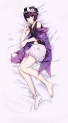  1other 21scorpii bare_shoulders barefoot bed_sheet black_hat black_shirt check_commentary collared_shirt commentary commentary_request dakimakura_(medium) finger_to_mouth frilled_hat frilled_shorts frills hat jacket jacket_partially_removed len&#039;en lying midriff_peek mob_cap no_shoes on_back other_focus puffy_pants purple_hair purple_jacket shirt shitodo_kuroji short_hair shorts single_sock sleeveless sleeveless_shirt smile socks solo triangular_headpiece white_socks white_trim 