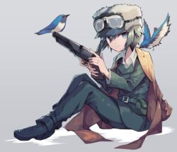  androgynous aqua_eyes belt belt_pouch bird blue-and-white_flycatcher brown_coat coat coat_on_shoulders collared_shirt colt_1851_navy commentary female flycatcher_(animal) full_body fur_hat goggles goggles_on_headwear green_hair gun hat holding holding_gun holding_weapon kino_(kino_no_tabi) kino_no_tabi looking_at_viewer pouch revolver sasa_onigiri shirt simple_background sitting smile solo ushanka weapon 