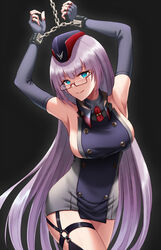  armpits arms_up azur_lane black_background blue_eyes bound bound_wrists breasts buttons chained_wrists chains cuffs double-breasted dress elbow_gloves female fingerless_gloves garrison_cap glasses gloves gneisenau_(azur_lane) gneisenau_(meta)_(azur_lane) grin handcuffs hat highres large_breasts long_hair looking_at_viewer naga_(pixiv70891418) no_legwear purple_hair semi-rimless_eyewear short_dress sideboob sleeveless sleeveless_dress smile solo standing thigh_strap under-rim_eyewear very_long_hair 