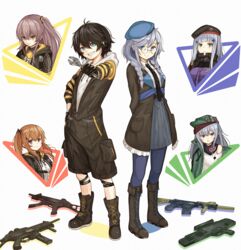  1boy 404_(girls&#039;_frontline) 5girls armband assault_rifle beret black_hair boots brown_hair commentary_request dier_(girls&#039;_frontline) g11_(girls&#039;_frontline) girls&#039;_frontline glasses grey_hair gun h&amp;k_g11 h&amp;k_hk416 h&amp;k_ump hat highres hk416_(girls&#039;_frontline) hood hoodie jacket multiple_girls necktie numazume one_side_up rifle scar scar_across_eye scar_on_face shorts side_ponytail sier_(girls&#039;_frontline) skirt smile submachine_gun twintails ump45_(girls&#039;_frontline) ump9_(girls&#039;_frontline) weapon wrench yellow_armband 