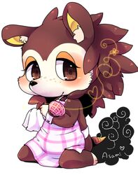  2012 animal_crossing apron blush brown_body brown_eyes brown_fur clothing eulipotyphlan freckles fur half-closed_eyes hedgehog inner_ear_fluff looking_aside mammal narrowed_eyes nintendo pin_cushion powderkona sable_able sewing simple_background sitting smile solo tan_body tan_fur tuft white_background 