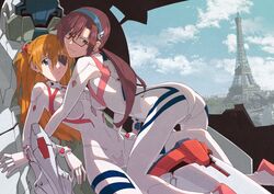  2girls blue_eyes bodysuit brown_hair cockpit evangelion:_3.0+1.0_thrice_upon_a_time eyepatch glasses green_eyes interface_headset kikuta_kouichi long_hair looking_at_viewer makinami_mari_illustrious multiple_girls neon_genesis_evangelion one_eye_covered orange_hair plugsuit ponytail rebuild_of_evangelion science_fiction skin_tight souryuu_asuka_langley twintails white_bodysuit 