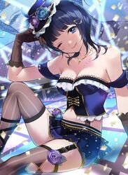  ;) asaka_karin bare_shoulders blue_eyes blue_feathers blue_flower blue_hair blue_rose blue_skirt blush breasts cleavage clothing_cutout collarbone commentary corset cross-laced_clothes elbow_gloves english_commentary feathers feet_out_of_frame female flower frilled_shirt frills garter_straps gloves hair_ornament hairclip hand_in_own_hair hat hat_feather hat_flower jewelry kate_iwana lace lace-trimmed_gloves lace_trim love_live! love_live!_nijigasaki_high_school_idol_club love_live!_school_idol_festival_all_stars medium_breasts miniskirt mole mole_on_collarbone multiple_moles navel_cutout necklace one_eye_closed purple_flower purple_rose rose shirt short_hair sidelocks sitting skirt smile solo starlight_(love_live!) striped_clothes striped_gloves striped_thighhighs suspenders thighhighs vertical-striped_clothes vertical-striped_gloves vertical-striped_thighhighs 