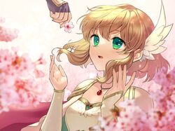  armor blonde_hair cherry_blossoms feather_hair_ornament feathers female fire_emblem fire_emblem:_genealogy_of_the_holy_war fire_emblem:_thracia_776 floral_background flower green_eyes hair_ornament hands_up jewelry kiyuu nanna_(fire_emblem) necklace open_mouth short_hair shoulder_armor 