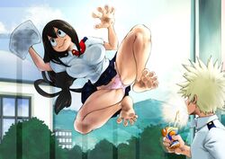  1boy against_glass asui_tsuyu bakugou_katsuki bare_arms bare_legs barefoot black_eyes black_hair blonde_hair boku_no_hero_academia bra breast_press breasts breasts_on_glass carton cleaning cleaning_windows climbing closed_mouth cloth collared_shirt crotch crushing day drink drinking_straw female hair_between_eyes hair_rings hand_on_glass highres holding holding_carton holding_cloth indoors juice_box kyuugata large_breasts long_hair looking_at_another looking_up low-tied_long_hair medium_hair miniskirt necktie panties parted_bangs pink_panties school_uniform see-through see-through_shirt shirt short_sleeves skirt soles spiked_hair spilling spit_take spitting spread_legs surprised toes unaligned_breasts underwear very_long_hair window wing_collar 