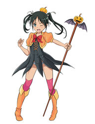  bat_wings blush boots bow bowtie commentary_request female francesca_lucchini full_body green_eyes green_hair halloween halloween_costume hat jack-o&#039;-lantern knee_boots medium_hair monousa one_eye_closed open_mouth orange_footwear panties pink_thighhighs pumpkin_hat red_bow red_bowtie simple_background smile solo staff standing strike_witches striped_clothes striped_panties thighhighs tongue twintails underwear white_background wings world_witches_series 