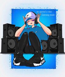  bandaid bandaid_on_arm baseball_cap black_footwear black_leggings blue_background blue_hair blue_shirt blunt_bangs border colored_tips commentary english_text female full_body hands_on_headphones hands_up hat headphones highres knees_up leggings listening_to_music looking_at_viewer medium_hair multicolored_hair nao97122 nike_(company) oerba_yun_fang one_eye_closed open_mouth original outside_border purple_eyes shirt shoes short_sleeves sitting sneakers solo speaker streetwear symbol-only_commentary t-shirt under_armour white_border white_hat 