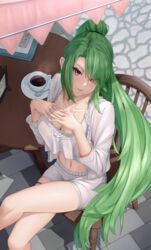  absurdres azur_lane blush breasts brown_eyes chair cleavage coffee collarbone crossed_legs cup female from_above gradient_hair green_hair highres large_breasts littorio_(azur_lane) littorio_(lounging_emerald)_(azur_lane) long_hair looking_at_viewer multicolored_hair navel official_alternate_costume ponytail ropi_(yyuichi29) saucer sitting sleepwear smile solo spoon steam table tank_top teacup thighs 