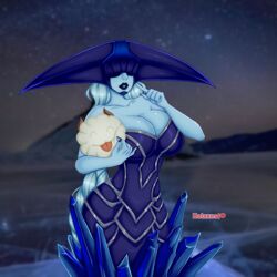  1:1 absurd_res armor big_breasts blue_body blue_clothing blue_skin blurred_background breasts clothing female hair hi_res holaxes human ice league_of_legends lips lipstick lissandra_(lol) makeup mammal mountain nails night not_furry poro_(lol) riot_games solo tencent tongue tongue_out white_hair 