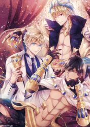  3boys abs ahoge arthur_pendragon_(fate) arthur_pendragon_(white_rose)_(fate) bad_id bad_pixiv_id bare_pectorals black_gloves black_hair blonde_hair blue_eyes blue_necktie blue_vest cape chalice closed_mouth commentary_request cup curtains earrings fate/grand_order fate_(series) formal gem gilgamesh_(caster)_(fate) gilgamesh_(fate) gloves jewelry looking_at_viewer male_focus multiple_boys necklace necktie ozymandias_(fate) pectorals popped_collar red_eyes smile suit turban twitter_username vest white_cape white_suit yellow_eyes yuuzuki_lily 