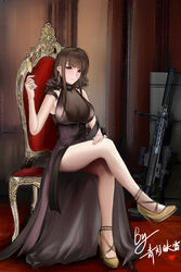  ahoge alternate_costume alternate_hairstyle anti-materiel_rifle armlet ass bare_shoulders black_dress blunt_bangs blush bolt_action breasts brown_hair bullpup chair champagne_flute chinese_commentary cleavage closed_mouth collarbone commentary_request crossed_legs cup curly_hair dress drinking_glass dsr-50 dsr-50_(girls&#039;_frontline) dsr-50_(highest_bid)_(girls&#039;_frontline) earrings evening_gown female gem girls&#039;_frontline gold_footwear gun hand_on_own_thigh heart high_heels highres holding holding_cup indoors jewelry large_breasts leaning_forward letter light_particles long_hair looking_at_viewer official_alternate_costume petals red_eyes red_gemstone revision rifle see-through see-through_cleavage sidelocks sitting skindentation smile sniper_rifle solo thighs very_long_hair weapon yakumo_yukarii 