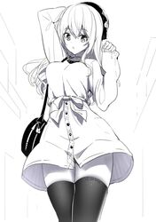  arm_up artist_name bag beret blush breasts female greyscale hair_between_eyes hand_up hat highres long_hair long_sleeves looking_at_viewer medium_breasts monochrome original parted_lips pinching_sleeves ririko_(zhuoyandesailaer) saegusa_futaba shirt shoulder_bag skindentation skirt sleeves_past_wrists solo thighhighs 