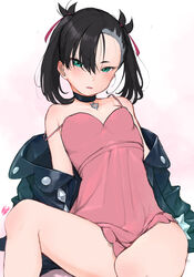  asymmetrical_bangs asymmetrical_hair black_choker black_hair black_jacket blush breasts choker commentary_request dress eyelashes female green_eyes hair_ribbon highres jacket marnie_(pokemon) medium_hair open_clothes open_jacket open_mouth pink_dress pokemon pokemon_swsh ribbon short_eyebrows signature simple_background sitting small_breasts solo thighs turbo_engine_(rakugaki_tabo) twintails undercut 