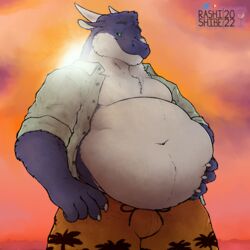  1:1 2022 anthro beach belly big_belly clothed clothing digital_media_(artwork) dragon fur furred_dragon furred_scalie hi_res holding_belly looking_at_viewer loom male mammal mythological_creature mythological_scalie mythology one_eye_closed open_clothing open_shirt open_topwear outside overweight overweight_male rashishibe scalie seaside shaded shirt solo standing sunset topwear wink 