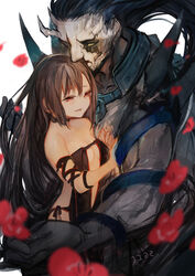  1boy bare_shoulders black_hair colored_skin commentary_request couple fate/grand_order fate_(series) female grey_skin highres horns long_hair motoaki petals red_eyes revealing_clothes simple_background size_difference smile spikes straight white_background xiang_yu_(fate) yellow_eyes yu_mei-ren_(fate) 