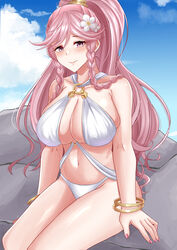  absurdres alternate_breast_size bikini blue_sky bracelet braid breasts closed_mouth cloud commentary day english_commentary female fingernails fire_emblem fire_emblem_awakening flower hair_flower hair_ornament high_ponytail highres jewelry large_breasts lips long_hair navel olivia_(fire_emblem) outdoors pink_eyes pink_hair pink_lips pink_nails rock rynn_(darknescorez) sitting sitting_on_rock sky smile solo stomach swimsuit thighs very_long_hair white_bikini white_flower 