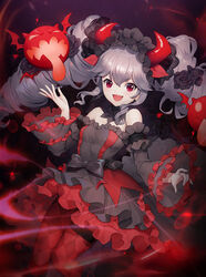  bare_shoulders black_bow black_dress black_flower black_rose bow bowtie checkered checkered_clothes checkered_legwear creature demon_girl detached_sleeves dress female flower frilled_dress frilled_sleeves frills grey_hair hair_flower hair_ornament highres horns long_hair mini_wings oerba_yun_fang off-shoulder_dress off_shoulder open_mouth panilla_the_revival red_eyes red_horns red_thighhighs rose see-through solo teresa_(panilla_the_revival) thighhighs tongue tongue_out twintails wide_sleeves wings y.i._(lave2217) 