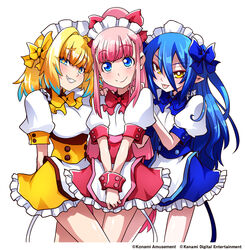  +_+ 3girls :p apron blonde_hair blue_eyes blue_hair bombergirl bombergirl573 breasts commentary_request explosive fuse_tail grenade grenade_hair_ornament grin hair_bobbles hair_ornament highres large_breasts lewisia_aquablue momoko_(bombergirl) multicolored_hair multiple_girls official_art pine_(bombergirl) pink_hair short_hair smile tongue tongue_out waist_apron waitress white_apron 