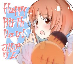  bandages bandaid blurry blurry_foreground blush boko_(girls_und_panzer) brown_eyes brown_hair character_name commentary english_text female fingers_together girls_und_panzer happy_birthday highres looking_at_viewer nishizumi_miho open_mouth out_of_frame pov short_hair smile solo_focus string_of_flags stuffed_animal stuffed_toy teddy_bear toon_(noin) translated 