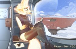  2023 4_ears aircraft airship anthro biped black_body black_clothing black_fur black_legwear black_nose black_thigh_highs blue_eyes blue_sky cake canid canine clothing dessert digital_media_(artwork) discreet_user female food footless_legwear fox fur fyre_fox glass_window glowing glowing_body glowing_fur hi_res inside legwear mammal multi_ear mylar_(discreet_user) sky solo thigh_highs vehicle yellow_body yellow_fur 