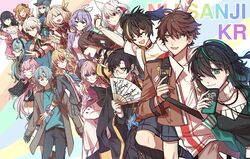  4boys 6+girls :3 ^_^ absurdres akira_ray akira_ray_(1st_costume) animal_ear_fluff animal_ears bad_id bad_twitter_id ban_hada ban_hada_(1st_costume) black_choker black_hair blue_sweater breasts brown_eyes brown_hair chae_ara choker closed_eyes collarbone colored_inner_hair copyright_name double_bun earrings everyone flower fox_ears fox_girl gaon_(nijisanji) glasses green_hair grey_jacket hair_behind_ear hair_bun hair_flower hair_ornament hair_ribbon han_chi_ho hand_fan highres holding holding_fan jacket jewelry korean_clothes lee_roha lee_roha_(1st_costume) lee_siu long_hair looking_ahead looking_at_viewer looking_to_the_side medium_breasts medium_hair min_suha multicolored_hair multiple_boys multiple_girls necklace nijisanji nijisanji_kr nun_bora nun_bora_(2nd_costume) oerba_yun_fang oh_jiyu one_eye_closed pink_jacket purple_hair ribbon round_eyewear ryu_hari seffyna shin_kiru shin_yuya shirt short_hair single_earring skin_fang smile so_nagi song_mia streaked_hair sun_(sunlight_0001) suspenders sweater v virtual_youtuber white_hair white_ribbon yang_nari yang_nari_(1st_costume) yellow_shirt 