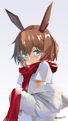  amiya_(arknights) animal_ear_fluff animal_ears arknights azitama_atsushi_(attyuu) blue_eyes brown_hair commentary_request dated female fringe_trim gradient_background grey_background hair_between_eyes highres jacket looking_at_viewer off_shoulder rabbit_ears red_scarf scarf shirt short_sleeves solo upper_body white_background white_jacket white_shirt 