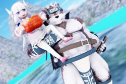  3:2 3d_(artwork) abs animal_humanoid anthro blue_eyes canid canine canis digital_media_(artwork) dragon dragon_humanoid duo female hi_res horkeu_kamui_(tas) horn horned_humanoid humanoid kanna_kamui lifewonders male malicekira mammal meat_on_bone mikumikudance_(artwork) miss_kobayashi&#039;s_dragon_maid muscular muscular_anthro muscular_male mythological_creature mythological_scalie mythology pecs scalie tokyo_afterschool_summoners wolf young 