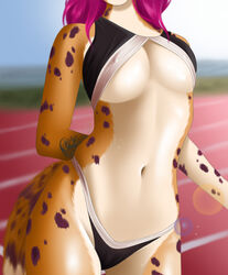  anthro arm_tattoo athletic big_breasts black_clothing black_panties black_underwear bottomwear bra breasts cheetah clothed clothing digital_media_(artwork) felid feline female fur hair hi_res katherine_(katmorgan) mammal markings medium_breasts navel nipple_outline panties purple_hair small_nipples solo spots spotted_body spotted_fur tattoo topwear torso_shot underwear wisetsu 