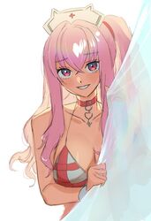  bare_shoulders bikini breasts choker curtain_grab curtains female goddess_of_victory:_nikke hair_between_eyes hat holding kojijima pepper_(nikke) pepper_(ocean_vitamin)_(nikke) pink_eyes pink_hair side_ponytail simple_background swimsuit thighs white_background white_headwear 