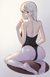  absurdres ass back bad_id bad_pixiv_id ballerina bare_arms black_leotard blue_eyes chun&#039;ai_zhanshen_milili closed_mouth feet female full_body gradient_background hair_between_eyes highres leotard long_hair looking_at_viewer looking_back no_shoes original pantyhose soles solo toes white_hair white_pantyhose 