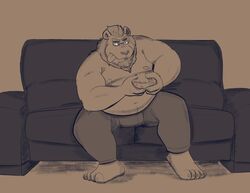  2021 anthro belly bottomwear clothing controller dippubear eyewear felid furniture game_controller gaming glasses hi_res humanoid_hands lion male mammal moobs nipples overweight overweight_male pantherine pants playing_video_game sitting sofa solo tongue tongue_out 