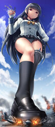  absurdres aircraft airplane airport arm_up asymmetrical_legwear black_footwear black_hair black_skirt blunt_bangs boeing_747 clenched_hand cloud day destruction explosion female fire from_below giant giantess hair_ribbon helicopter highres isokaze_(kancolle) isokaze_kai_(kancolle) kantai_collection kneehighs light_smile long_hair long_sleeves looking_down neckerchief outdoors panties panty_peek rakia_(ds00309) red_eyes red_ribbon ribbon school_uniform serafuku shirt single_kneehigh single_sock single_thighhigh skirt sky socks stomping thighhighs underwear white_panties white_shirt yellow_neckerchief 