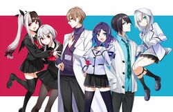  2boys 4girls aiba_uiha aqua_eyes armband ars_almal bad_id bad_twitter_id black_hair black_pants black_ribbon black_shirt black_skirt blue_eyes blue_neckwear blue_shirt blues_(nijisanji) blush braid braided_bangs brown_hair closed_mouth earrings feet_out_of_frame green_necktie green_neckwear grey_hair hair_ornament hair_ribbon hairclip hakase_fuyuki hand_on_own_chest highres hood hood_up hooded_jacket jacket jewelry jumping kagami_hayato lab_coat long_hair long_sleeves looking_at_viewer low_twintails mayuzumi_kai miniskirt mole mole_under_eye multicolored_hair multiple_boys multiple_girls necktie nijisanji open_mouth pants pantyhose pleated_skirt purple_eyes red_eyes red_hair ribbon school_uniform serafuku shirt simple_background skirt sleeves_past_fingers sleeves_past_wrists smc-gumi_(nijisanji) smile split-color_hair streaked_hair thighhighs thighs twintails two-tone_background two-tone_hair very_long_hair virtual_youtuber white_jacket yodare_(3yami8) yorumi_rena zettai_ryouiki 