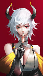  breasts cigarette cleavage commentary demon_girl demon_horns detached_collar detached_sleeves female glowing_finger highres hiragana_oufu horns large_breasts lips looking_at_viewer mouth_hold original red_background red_eyes simple_background smoking solo white_hair 