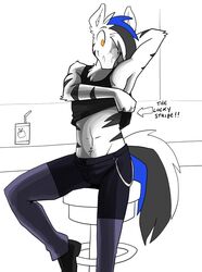  anthro apple_juice beverage chains clothed clothing equid equine fully_clothed haan_(character) juice_(beverage) male mammal midriff shirt shirt_up solo tank_top topazknight topwear zebra 