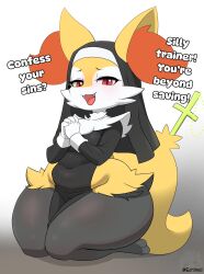  absurd_res anthro bedroom_eyes belly biped braixen clothing cross digital_media_(artwork) ecchitrail english_text fangs female female_anthro generation_6_pokemon hands_together hi_res inner_ear_fluff kneeling looking_at_viewer narrowed_eyes navel nintendo nun_habit nun_outfit open_mouth open_smile pokemon pokemon_(species) religious_clothing seductive smile solo tail talking_to_viewer teeth text thick_thighs tuft 